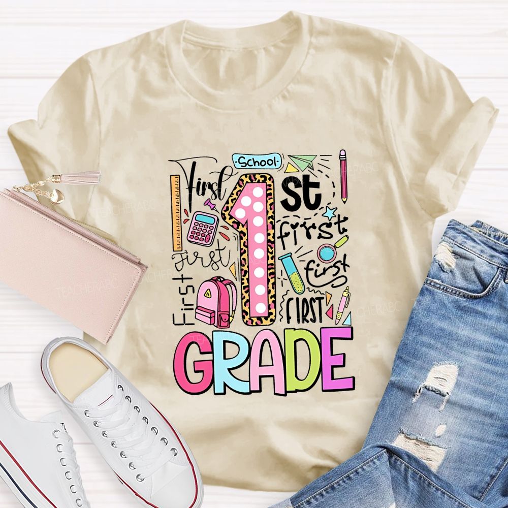 Personalized Grade First Grade Colored Fonts Teacher T-shirt