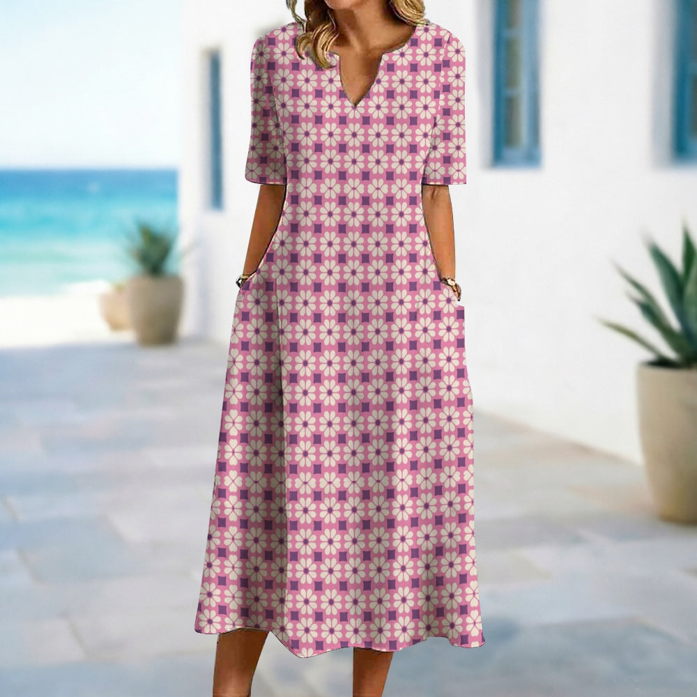 Pink Plaid and Floral Print Dress