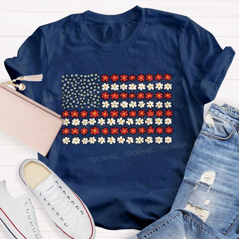 Teacher Floral American Flag Teacher T-shirt