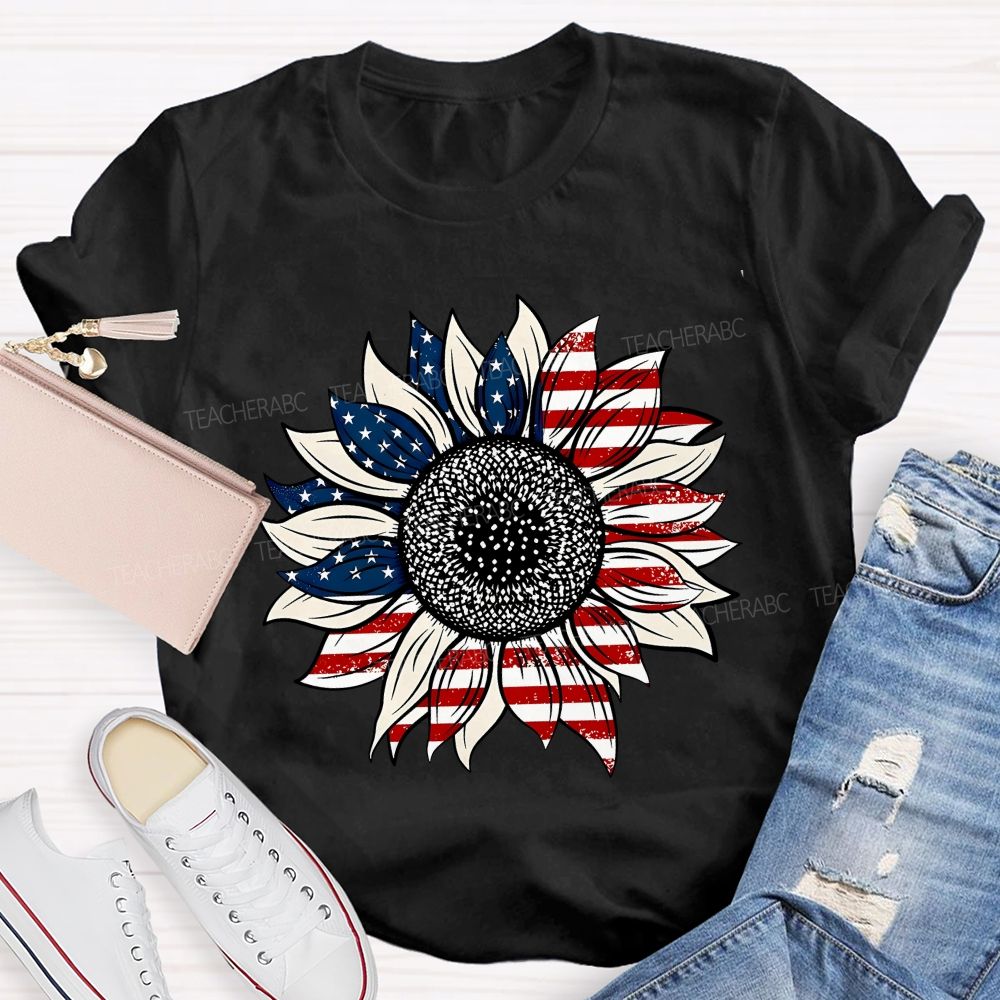American Flag Sunflower Stars Teacher T-shirt