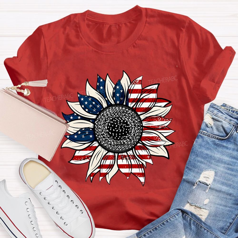 American Flag Sunflower Stars Teacher T-shirt