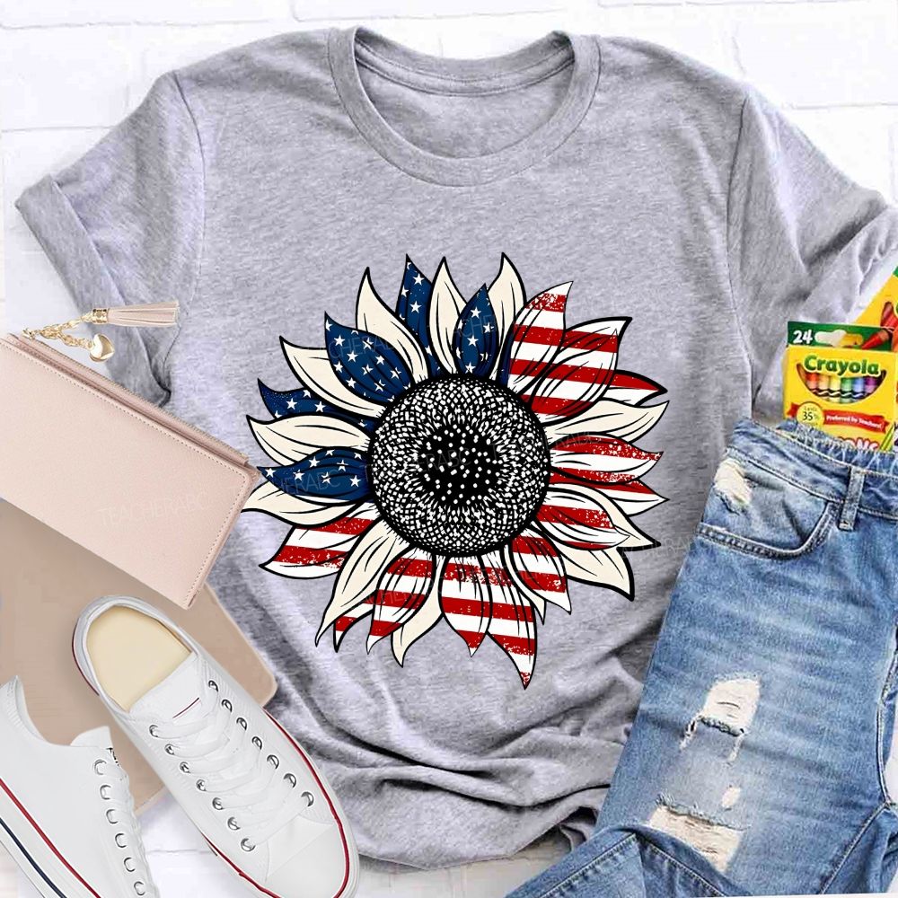 American Flag Sunflower Stars Teacher T-shirt