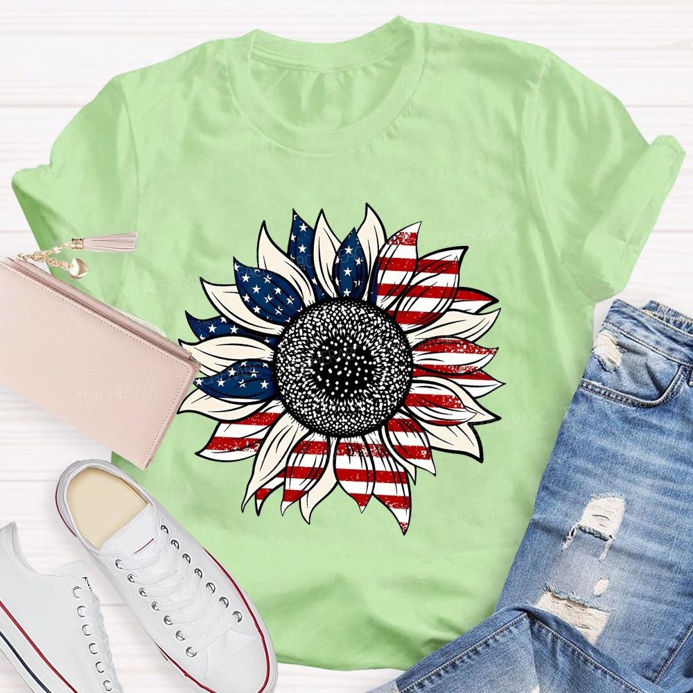American Flag Sunflower Stars Teacher T-shirt