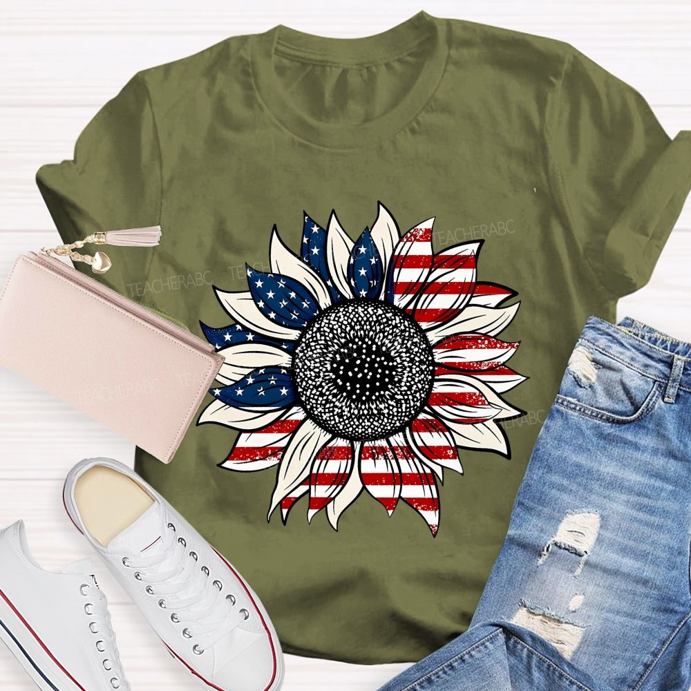 American Flag Sunflower Stars Teacher T-shirt