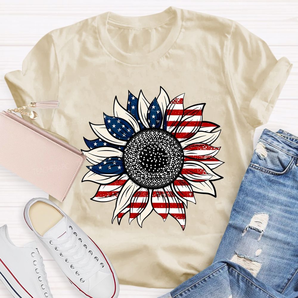 American Flag Sunflower Stars Teacher T-shirt
