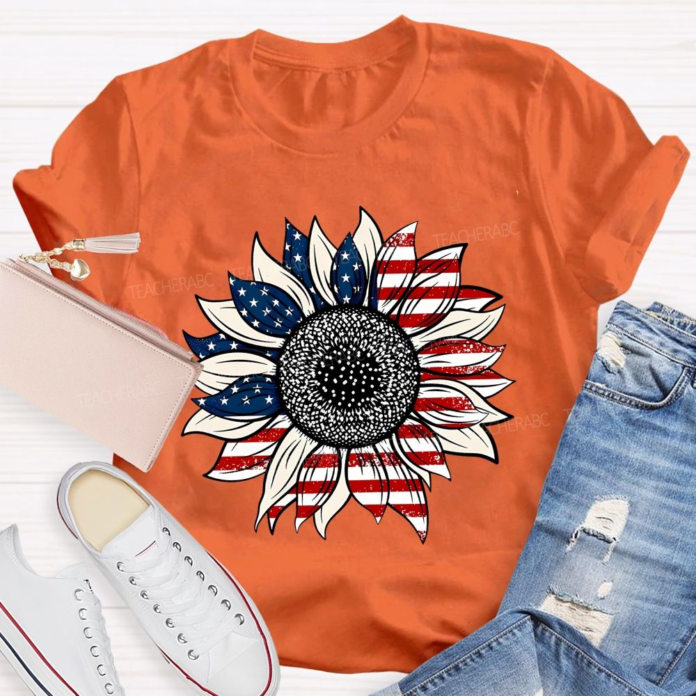 American Flag Sunflower Stars Teacher T-shirt