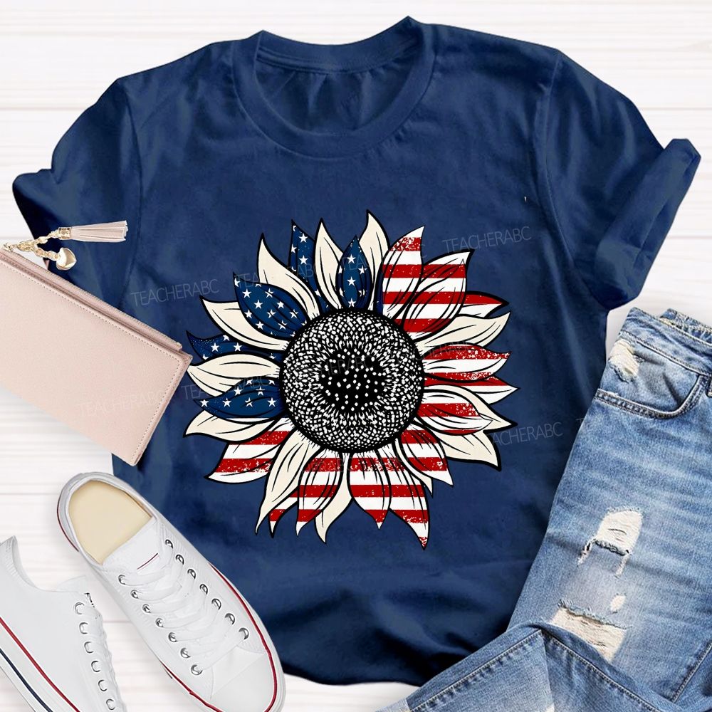 American Flag Sunflower Stars Teacher T-shirt