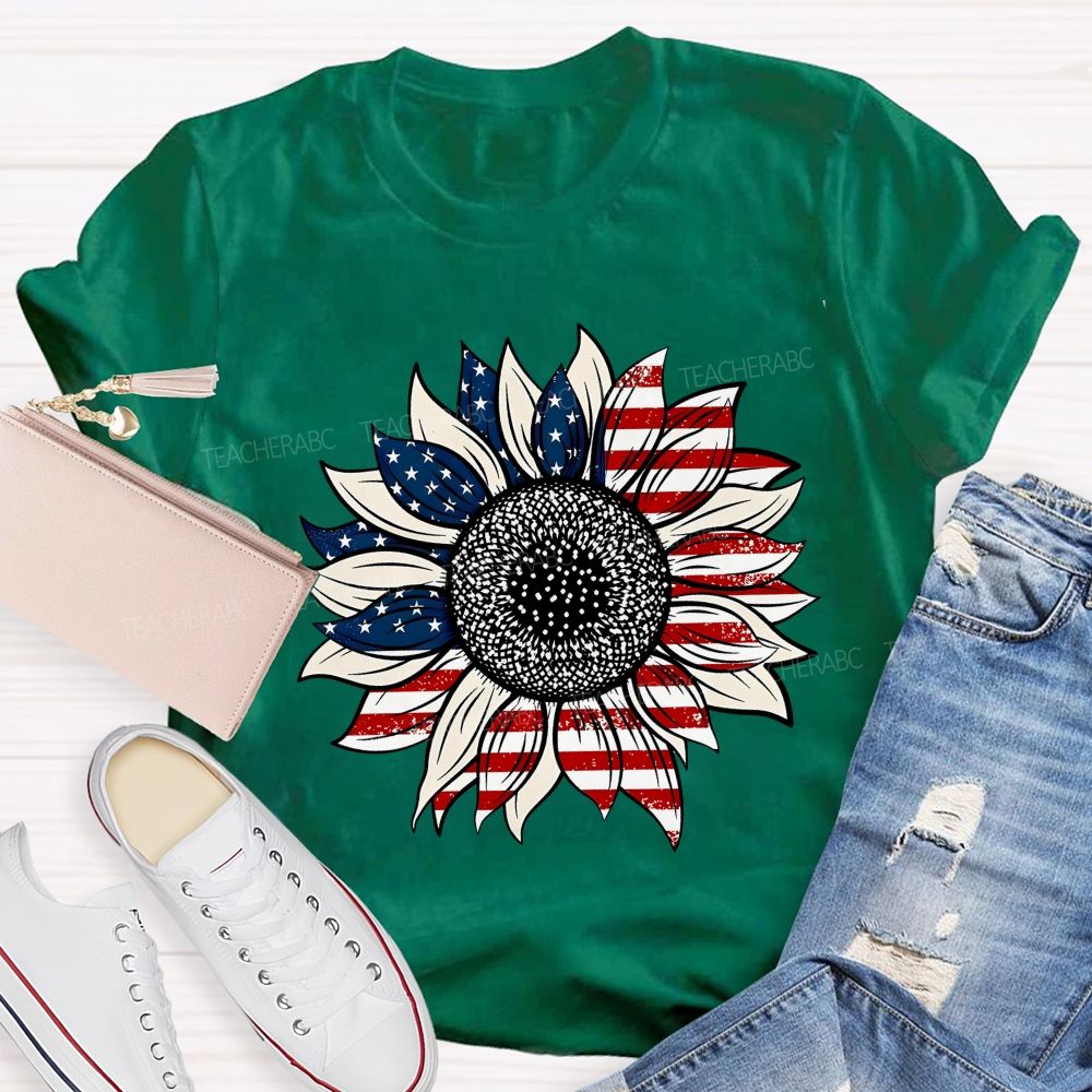 American Flag Sunflower Stars Teacher T-shirt