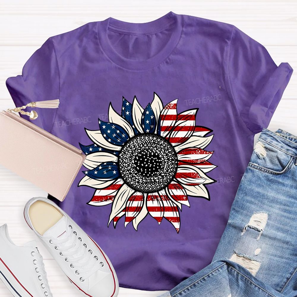 American Flag Sunflower Stars Teacher T-shirt
