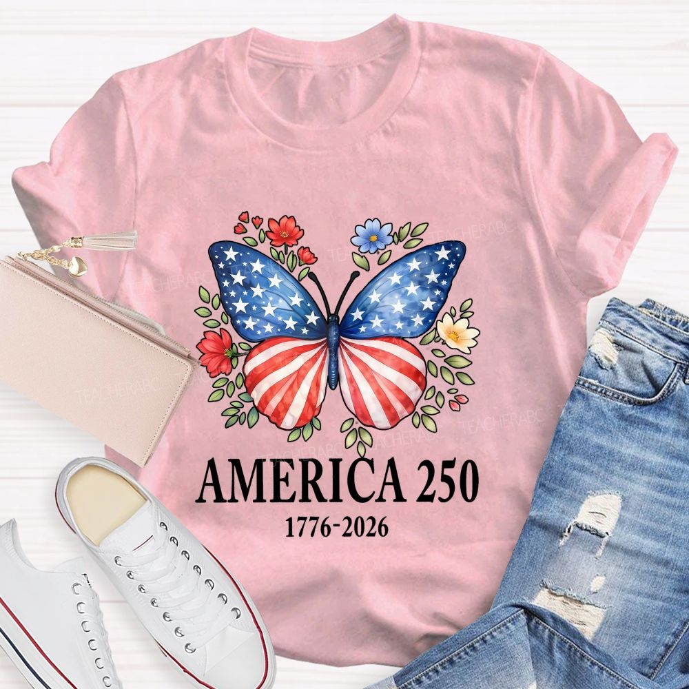 Teacher America 250 Butterfly Patriotic Wings Teacher T-shirt