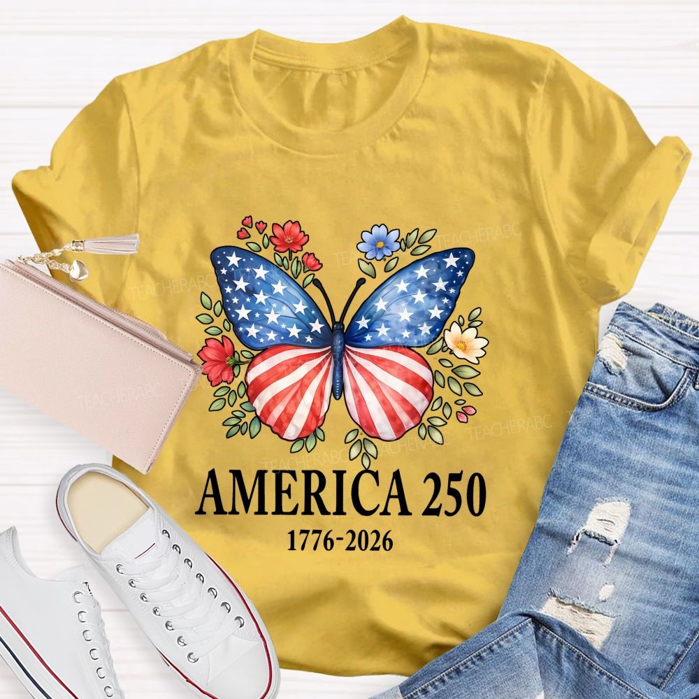 Teacher America 250 Butterfly Patriotic Wings Teacher T-shirt