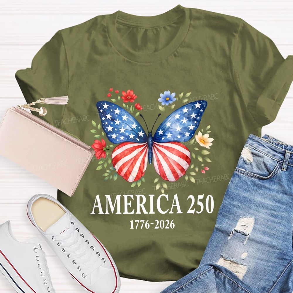 Teacher America 250 Butterfly Patriotic Wings Teacher T-shirt