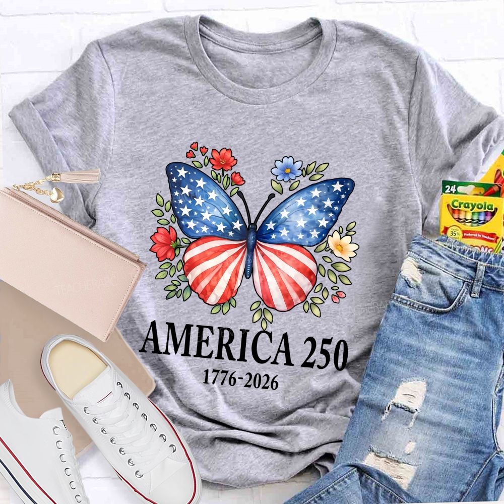 Teacher America 250 Butterfly Patriotic Wings Teacher T-shirt