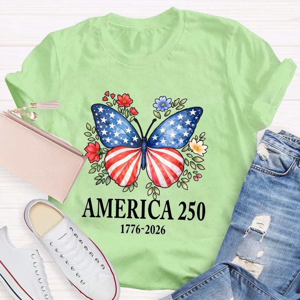 Teacher America 250 Butterfly Patriotic Wings Teacher T-shirt