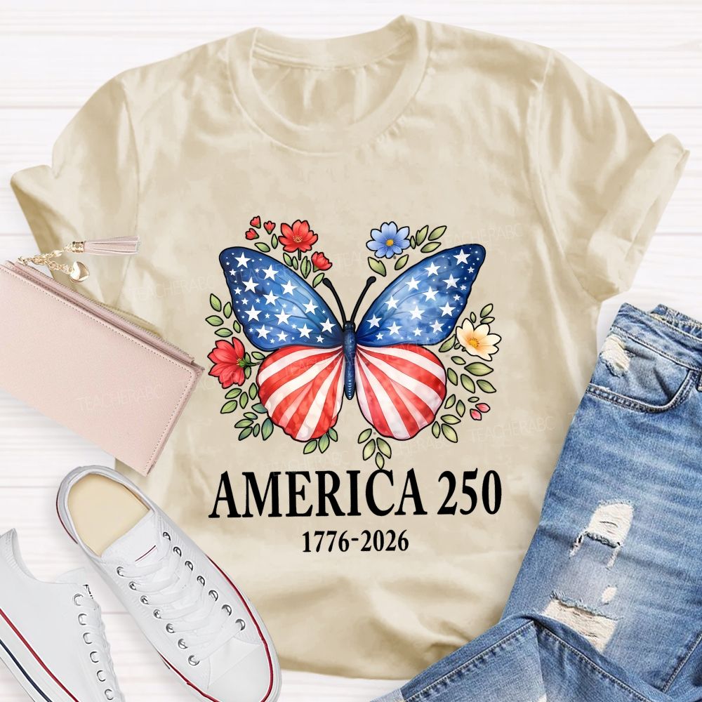 Teacher America 250 Butterfly Patriotic Wings Teacher T-shirt