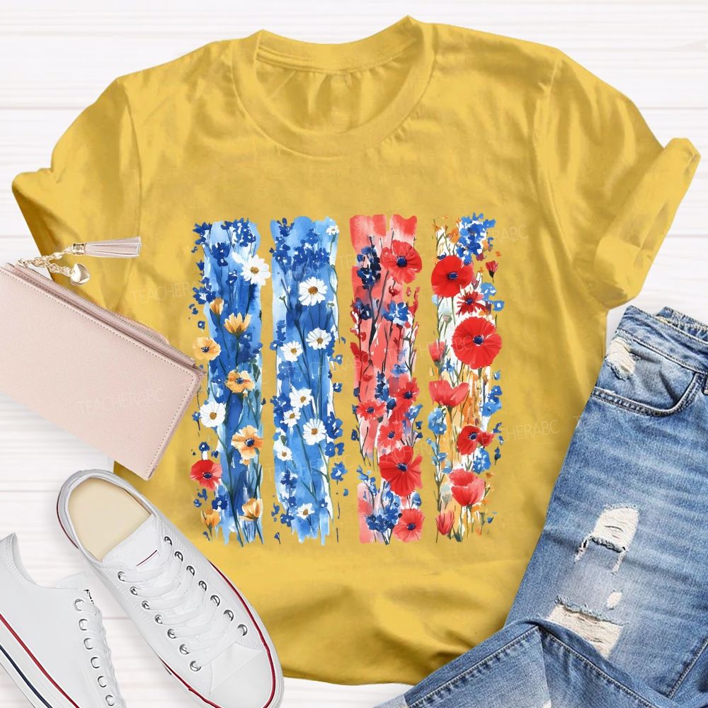 Watercolor Patriotic Flowers Patriotic Wildflower Flag Teacher T-shirt