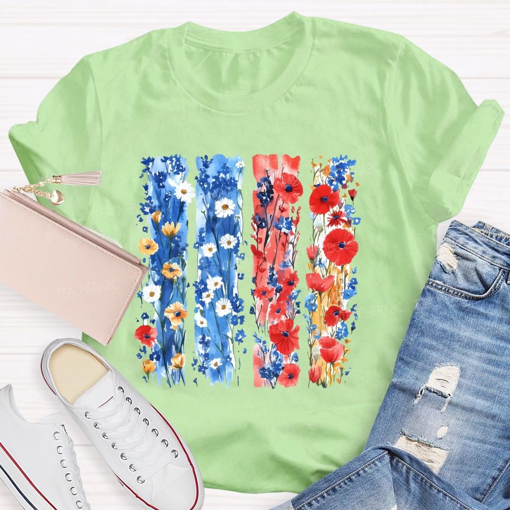Watercolor Patriotic Flowers Patriotic Wildflower Flag Teacher T-shirt