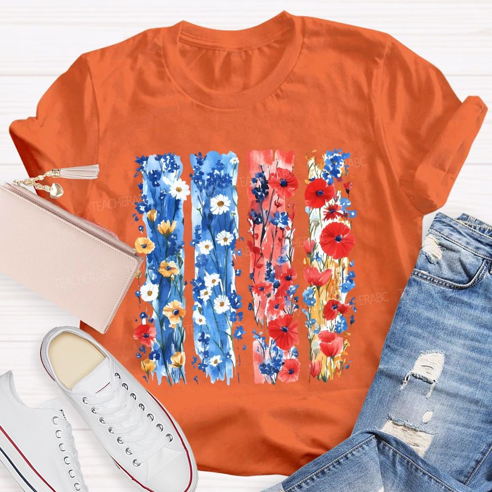 Watercolor Patriotic Flowers Patriotic Wildflower Flag Teacher T-shirt