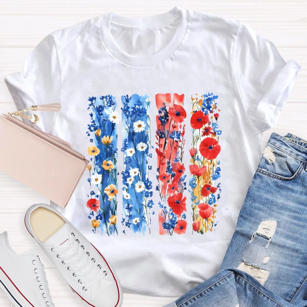 Watercolor Patriotic Flowers Patriotic Wildflower Flag Teacher T-shirt