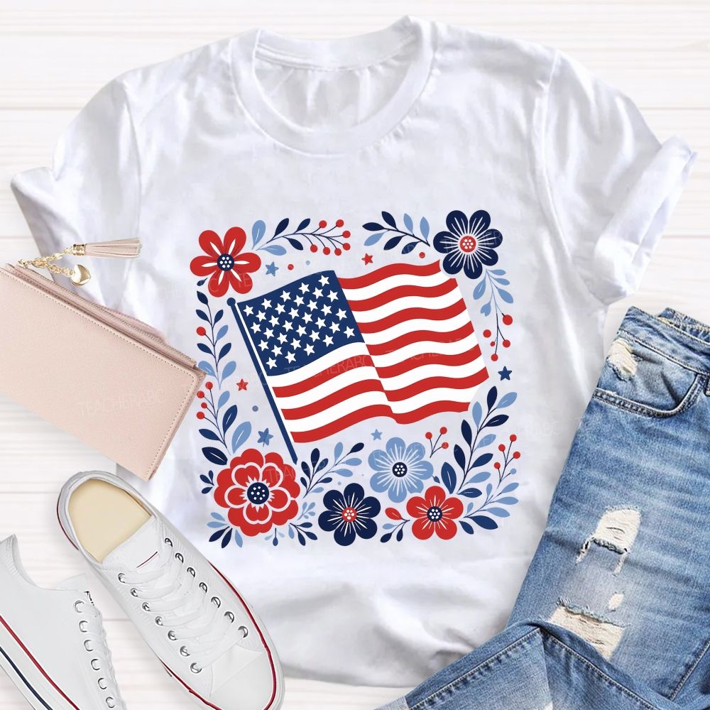 American Folk Flag Blooms Independence Day Floral Flag Teacher T-shirt