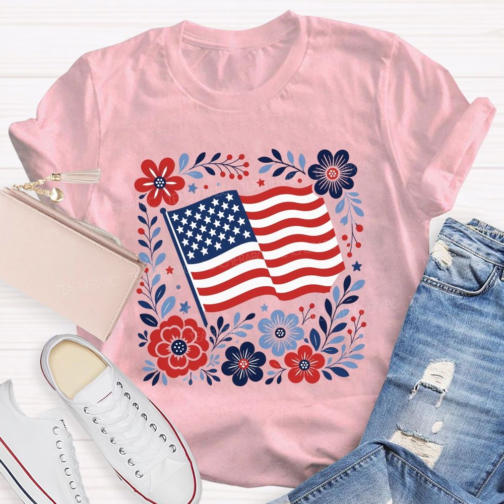 American Folk Flag Blooms Independence Day Floral Flag Teacher T-shirt