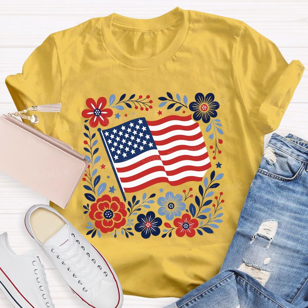 American Folk Flag Blooms Independence Day Floral Flag Teacher T-shirt