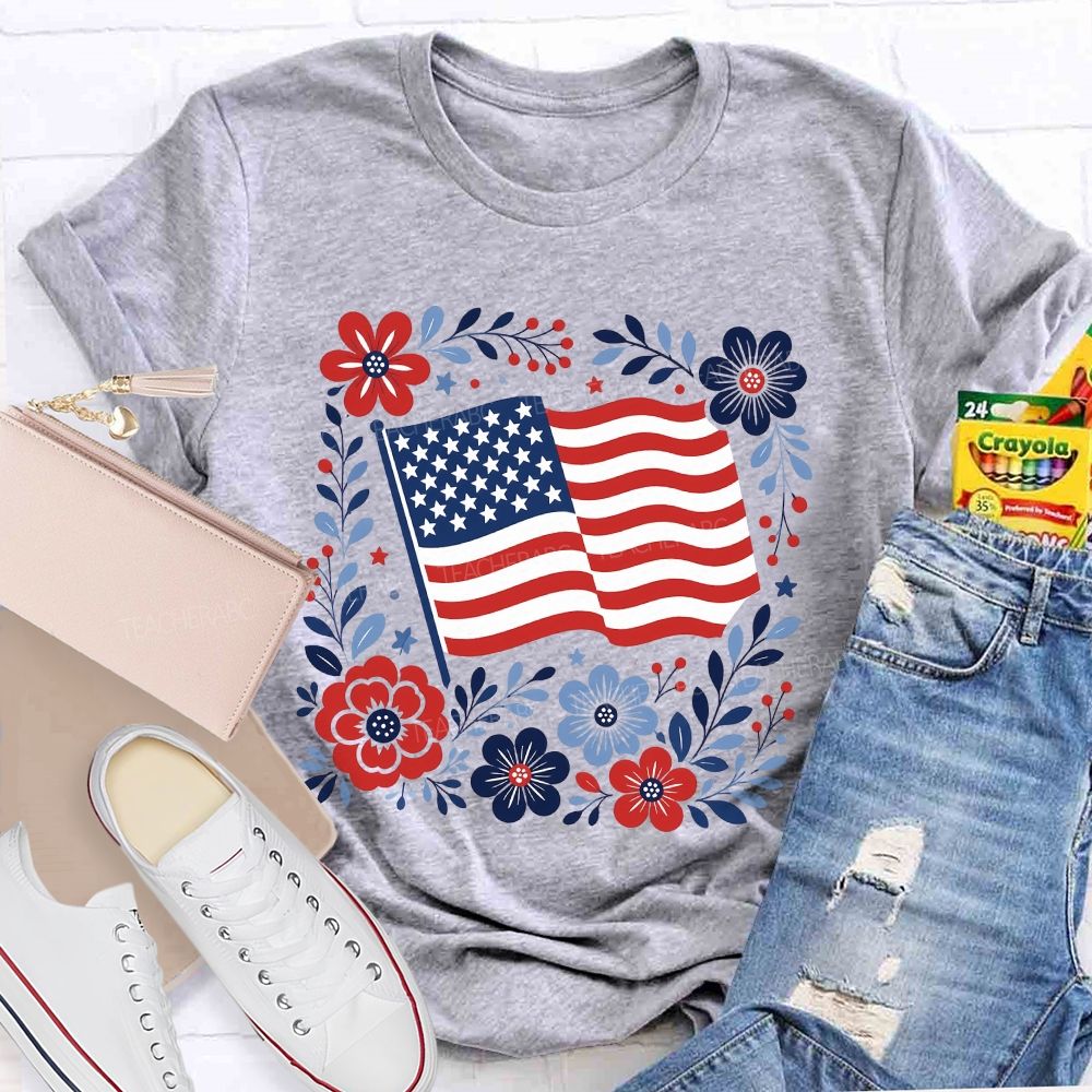 American Folk Flag Blooms Independence Day Floral Flag Teacher T-shirt