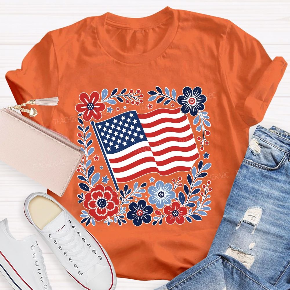 American Folk Flag Blooms Independence Day Floral Flag Teacher T-shirt