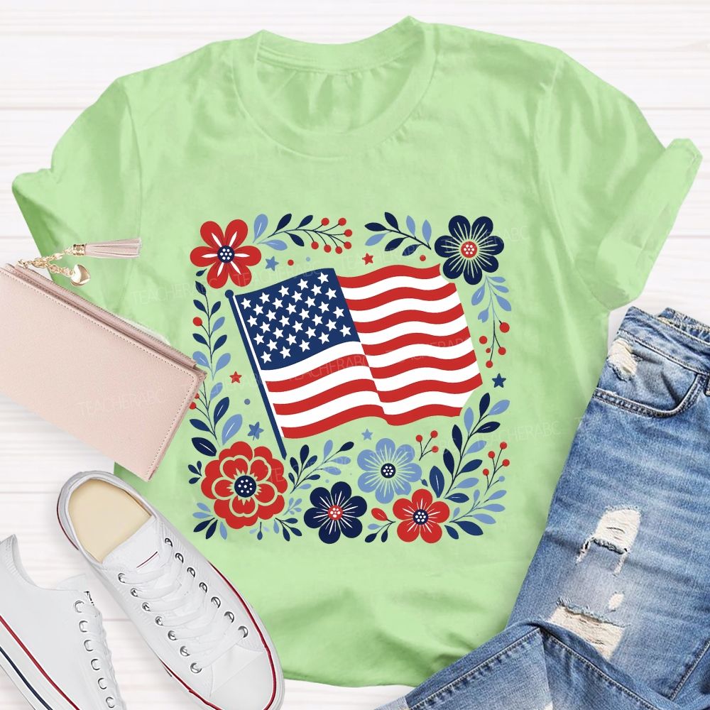 American Folk Flag Blooms Independence Day Floral Flag Teacher T-shirt