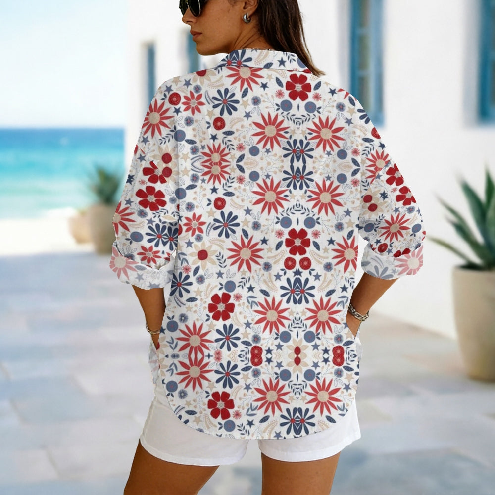 Boho Blue Red Floral Blouse