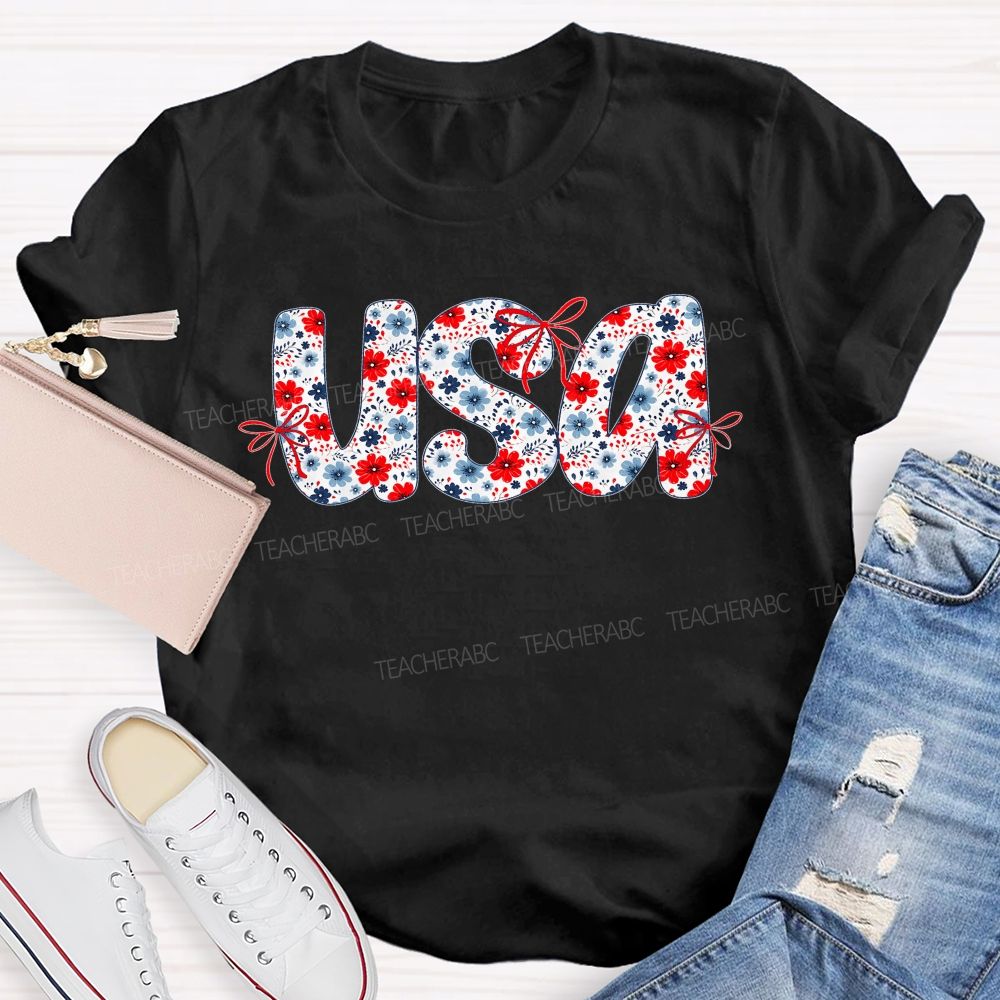USA Flowers Pattern  Teacher T-shirt