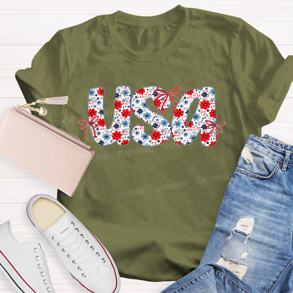 USA Flowers Pattern  Teacher T-shirt