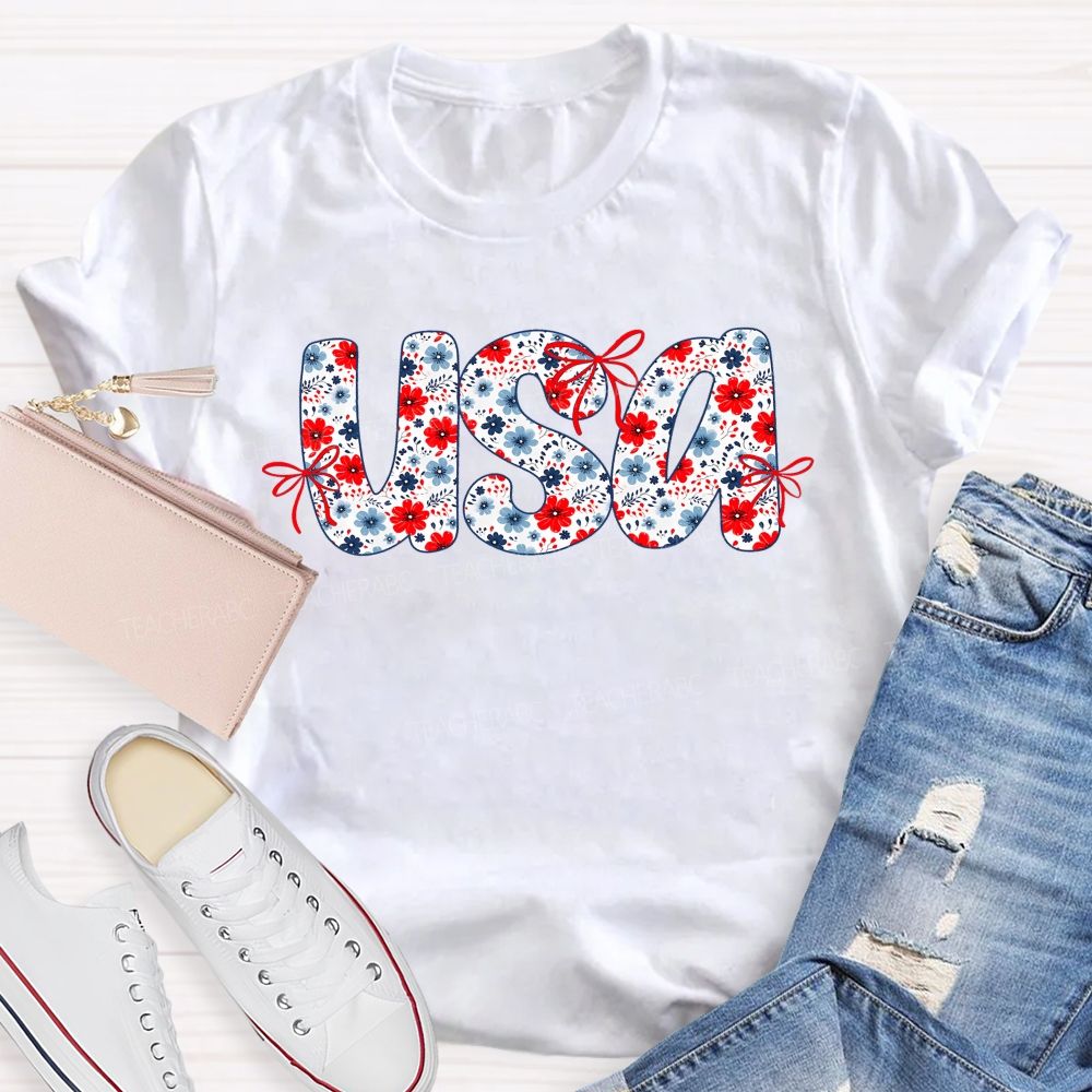 USA Flowers Pattern  Teacher T-shirt