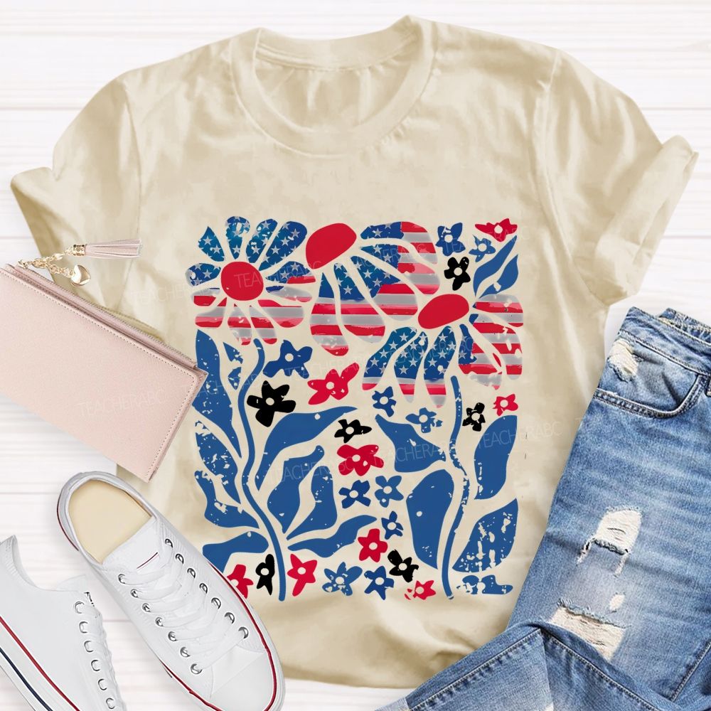 Independence Day Flowers Pattern  Teacher T-shirt