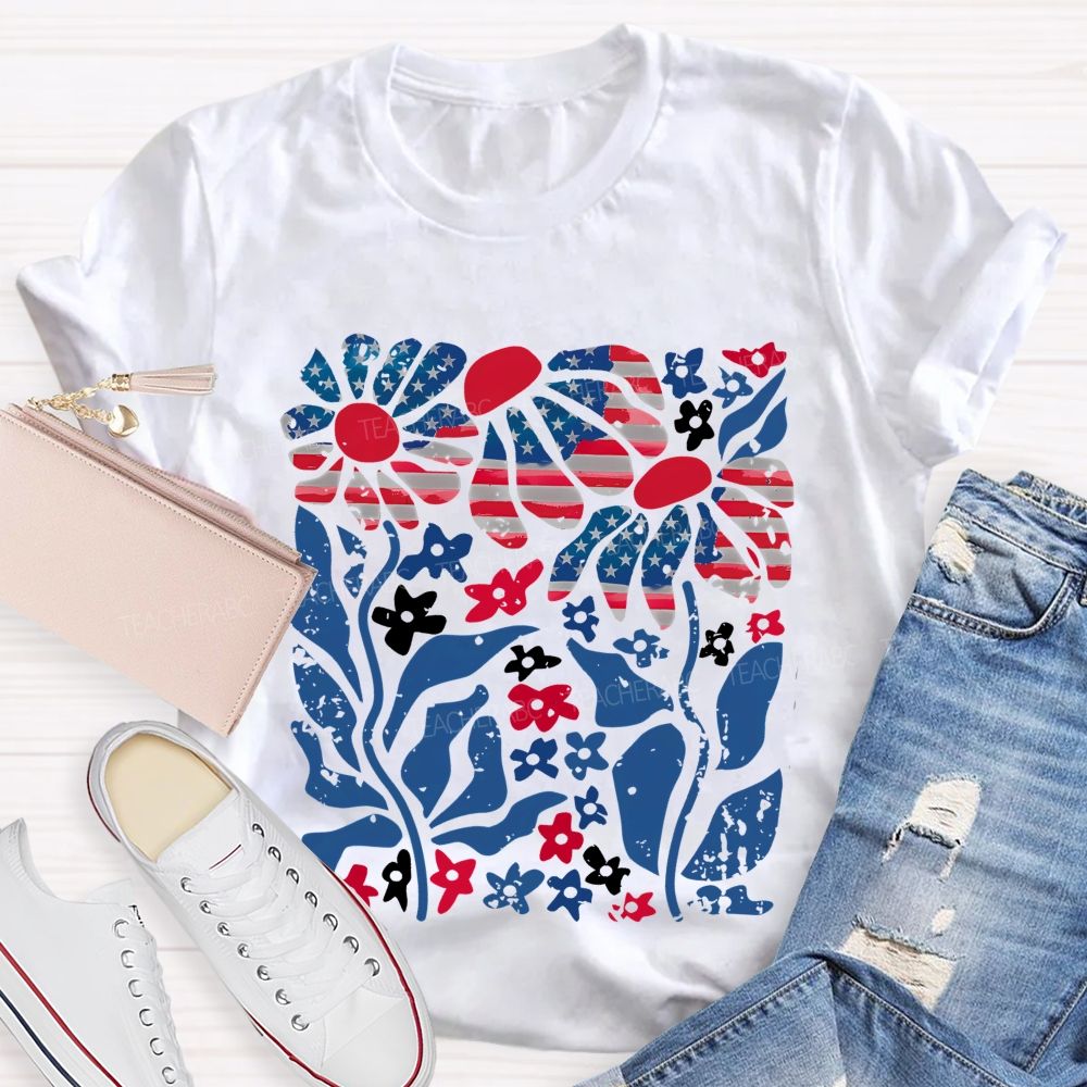 Independence Day Flowers Pattern  Teacher T-shirt