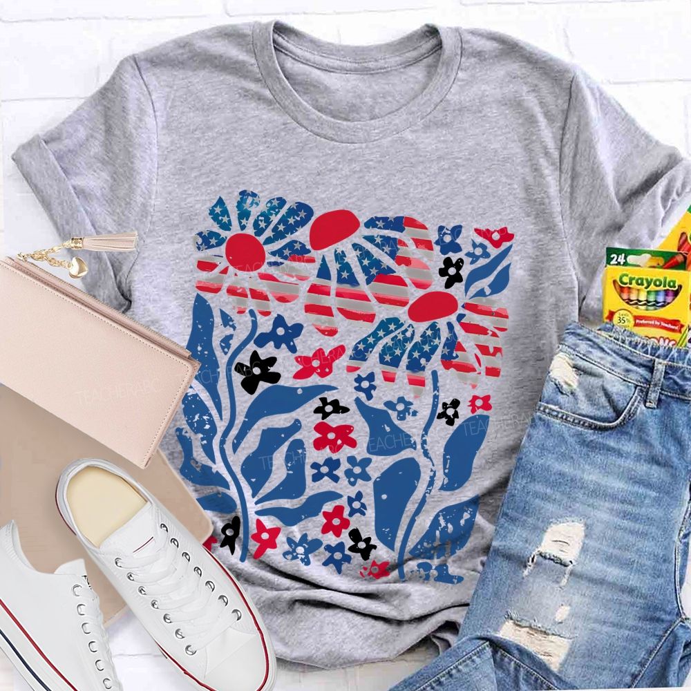 Independence Day Flowers Pattern  Teacher T-shirt