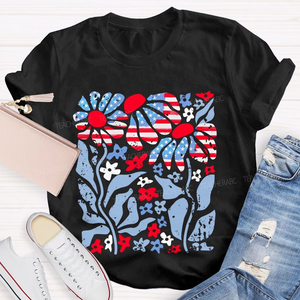 Independence Day Flowers Pattern  Teacher T-shirt