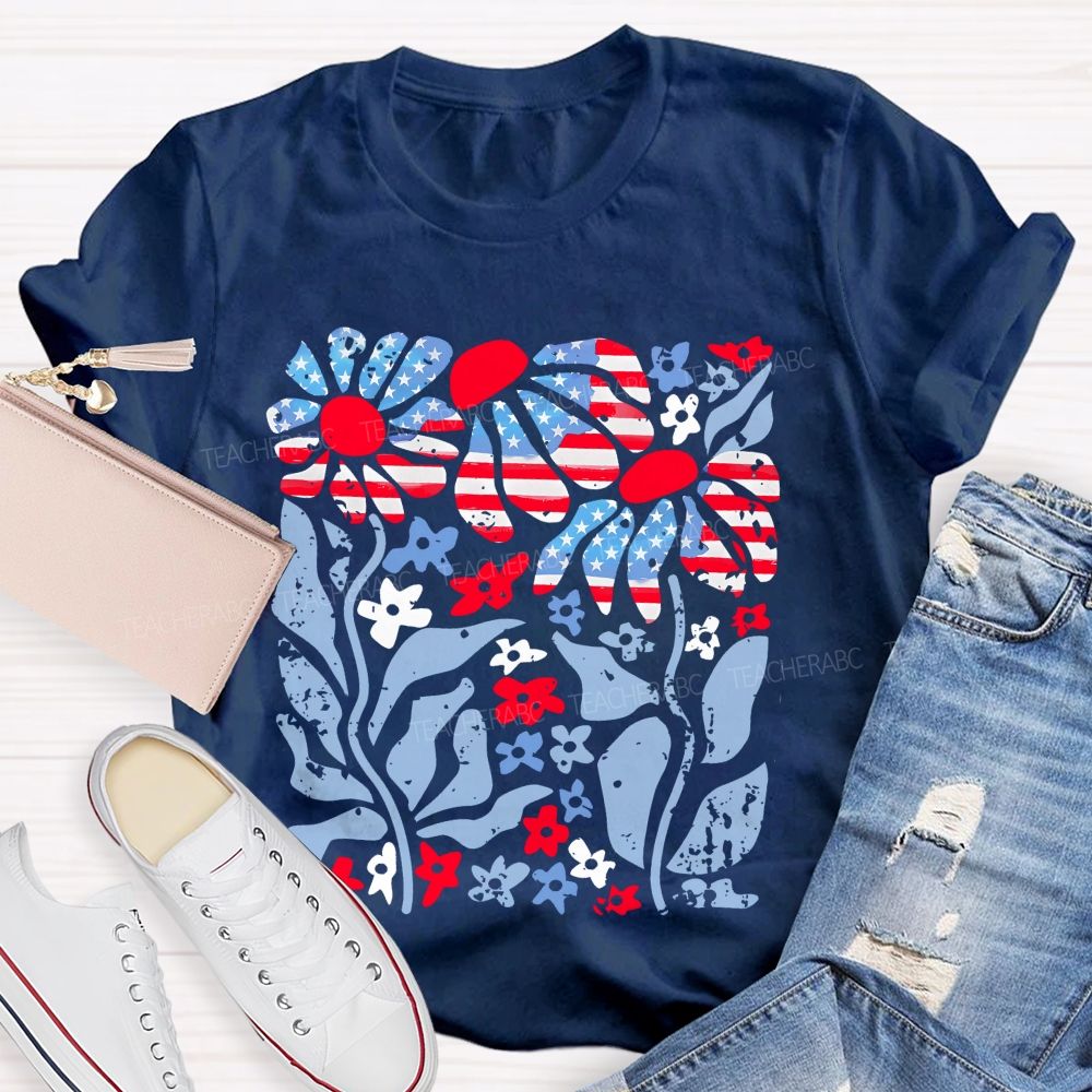 Independence Day Flowers Pattern  Teacher T-shirt