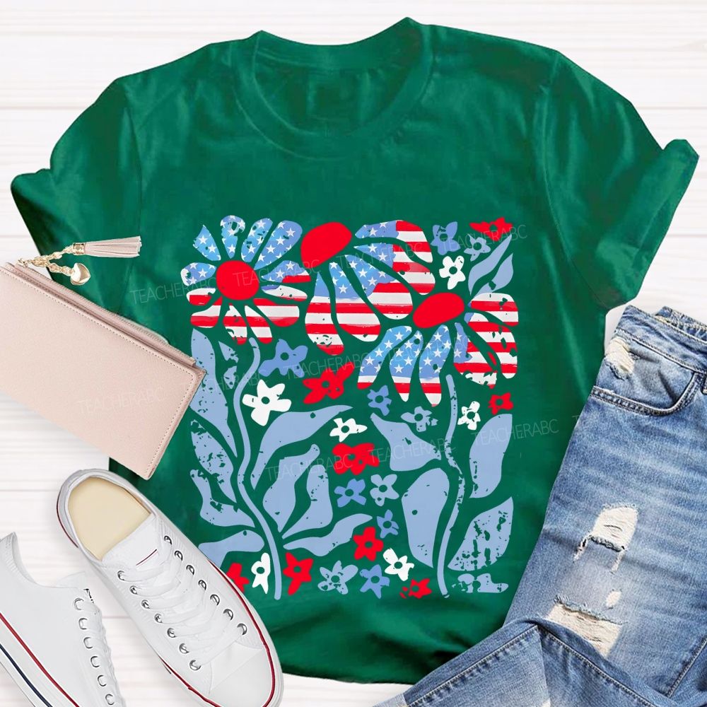 Independence Day Flowers Pattern  Teacher T-shirt