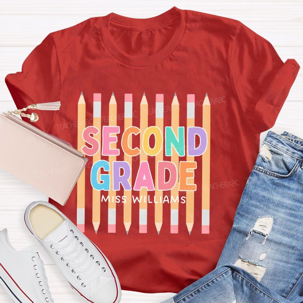 Personalized Name  And Grade   Second Grade Colorful Letters Pencil  Teacher T-shirt