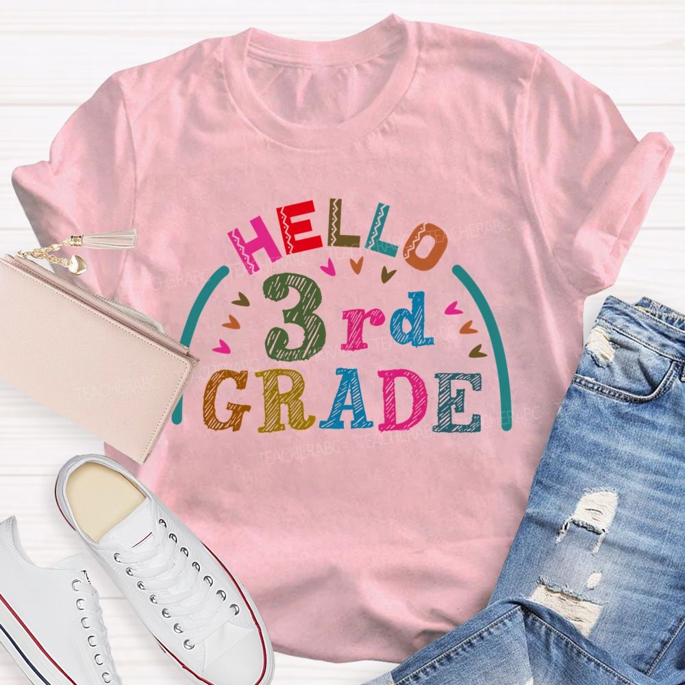 Personalized Grade Hello 3rd Grade Graphic  Teacher T-shirt