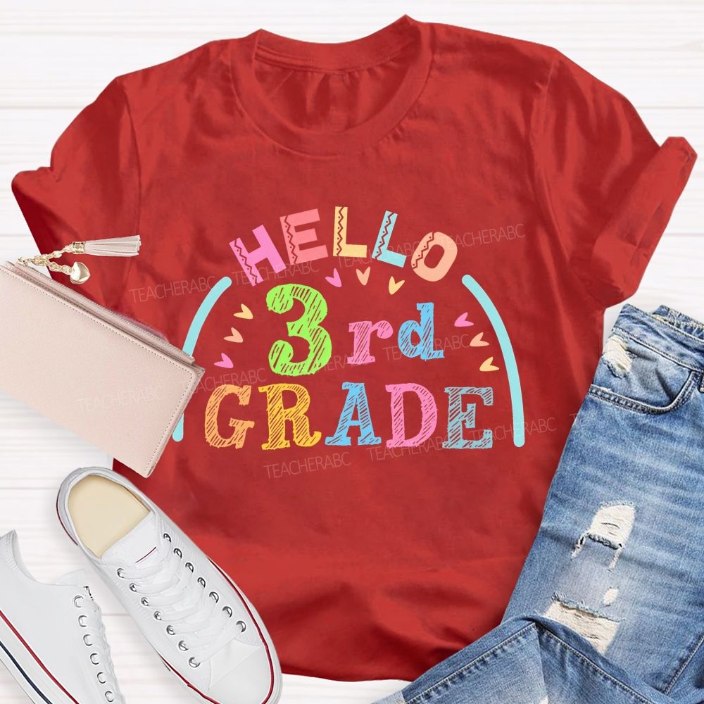 Personalized Grade Hello 3rd Grade Graphic  Teacher T-shirt