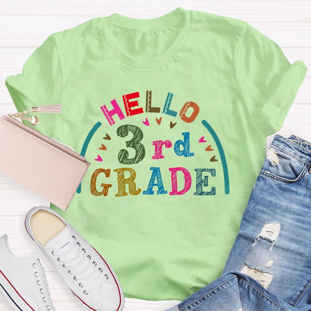 Personalized Grade Hello 3rd Grade Graphic  Teacher T-shirt