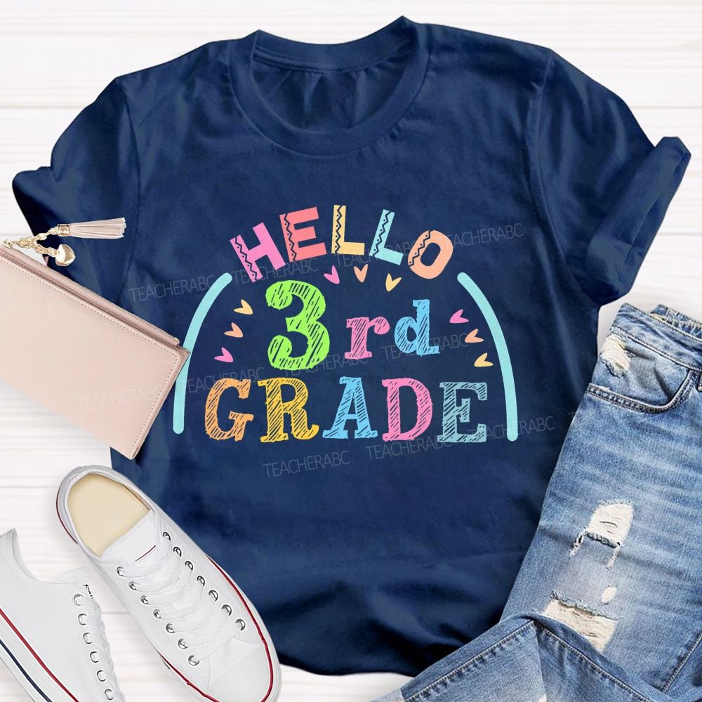 Personalized Grade Hello 3rd Grade Graphic  Teacher T-shirt