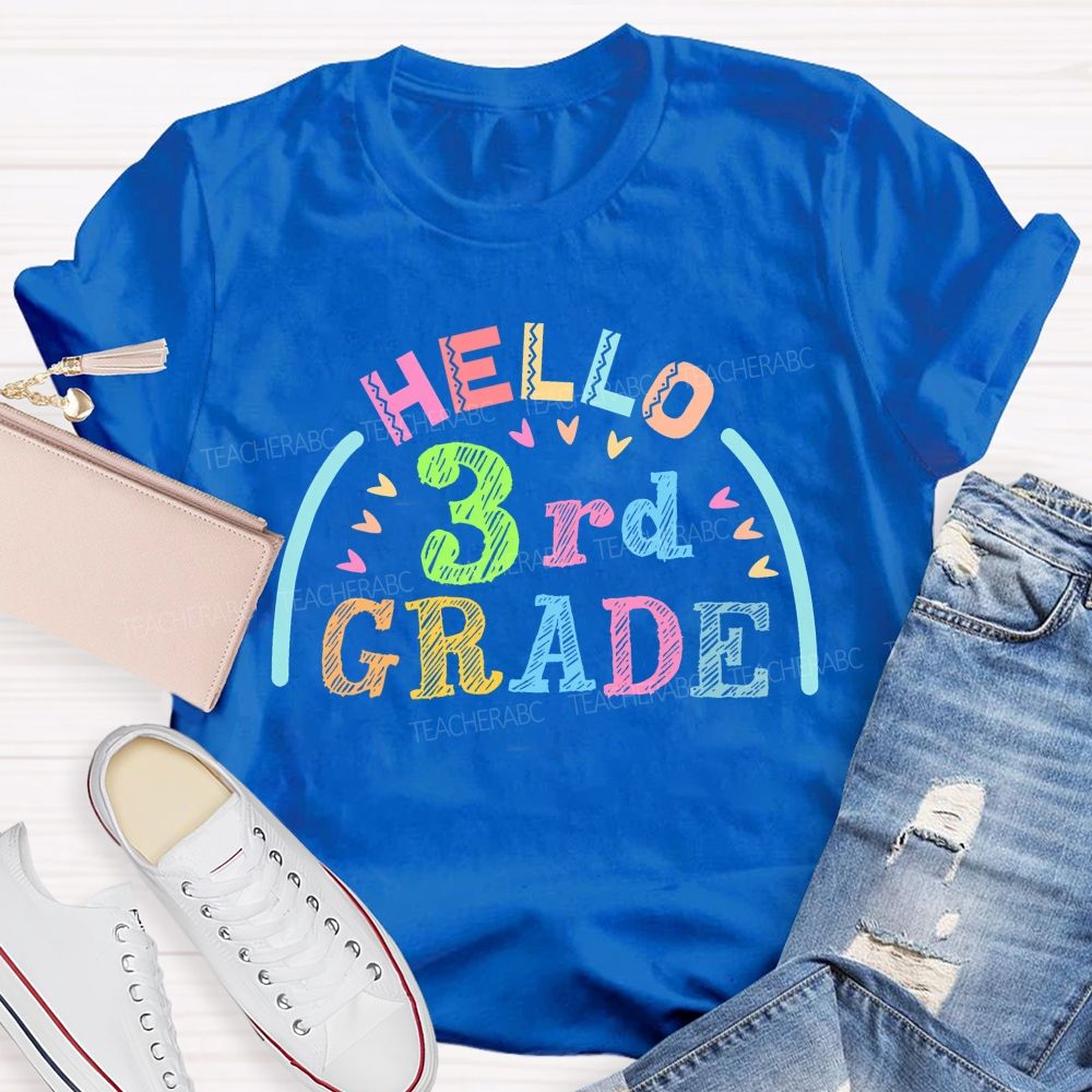 Personalized Grade Hello 3rd Grade Graphic  Teacher T-shirt