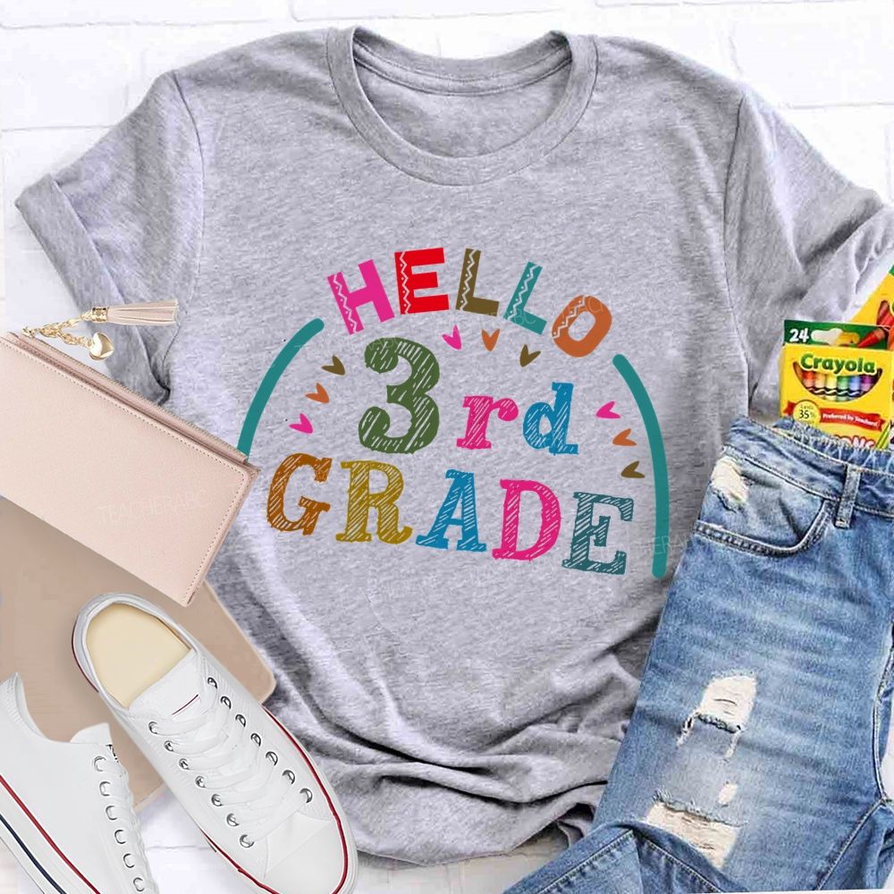 Personalized Grade Hello 3rd Grade Graphic  Teacher T-shirt