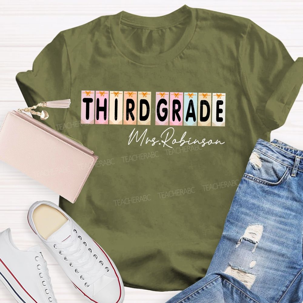 Personalized Name  And Grade  Third Grade Colorful Graphics  Teacher T-shirt