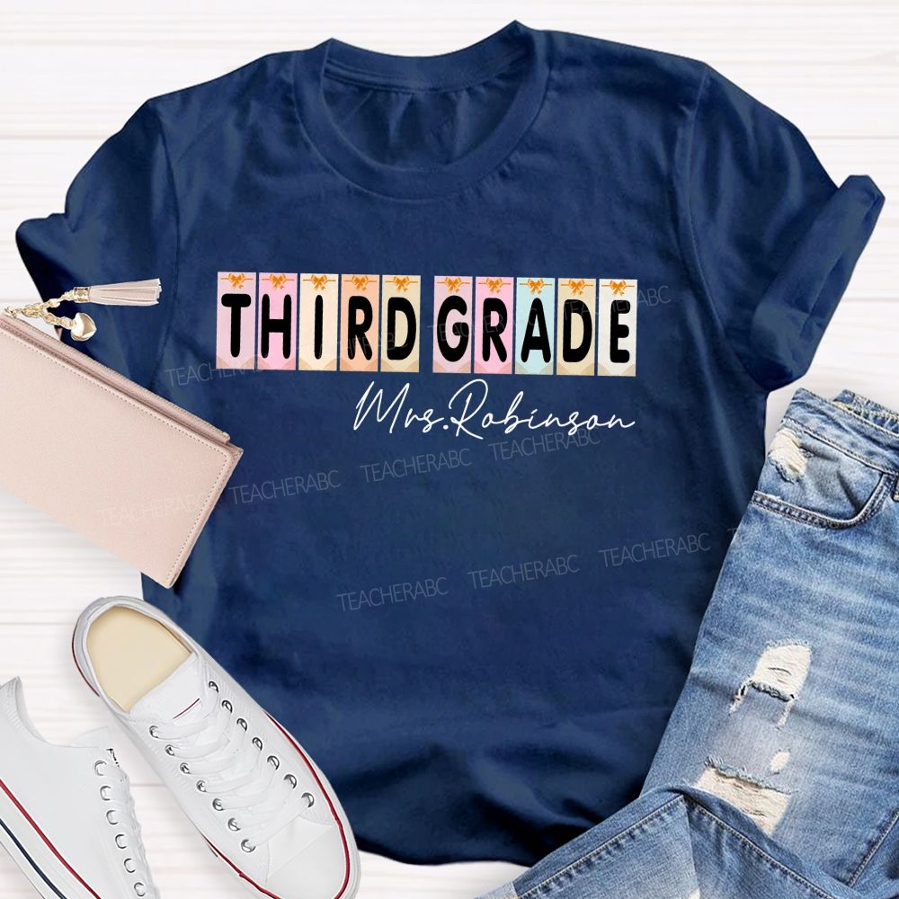Personalized Name  And Grade  Third Grade Colorful Graphics  Teacher T-shirt