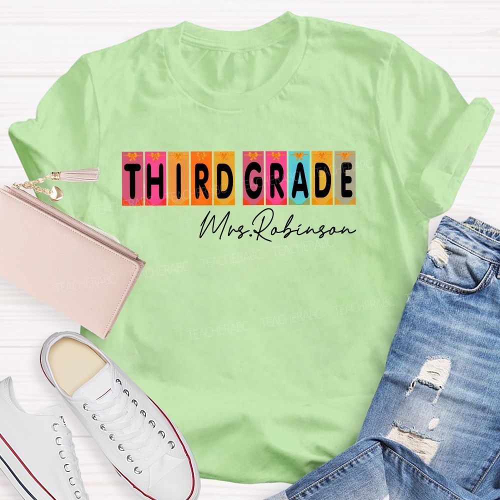 Personalized Name  And Grade  Third Grade Colorful Graphics  Teacher T-shirt