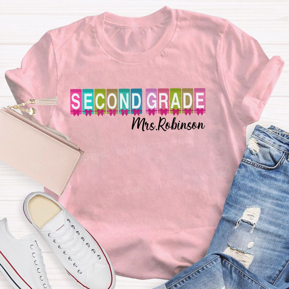 Personalized Name  And Grade  Second Grade  Colorful Squares Bow  Teacher T-shirt